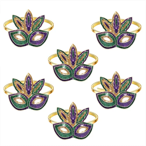 Vista 2 de 6 servilleteros de Mardi Gras, máscara con purpurina de flor de lis, servilleteros para colocar la mesa, servilletero de martes grasos, anillos