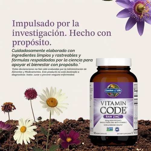 Vista 6 de Garden of Life Suplemento de zinc crudo Vitamin Code de 30 mg, 60 cápsulas