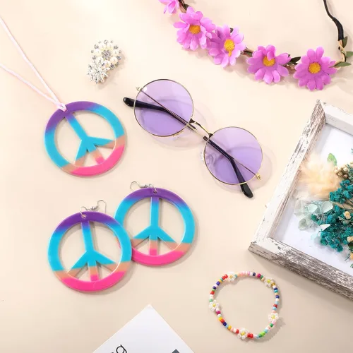Vista 4 de Batiyeer Juego de 6 accesorios de disfraz hippie bohemio, símbolo de la paz, margarita, flor de los años 60 y 70, decoración para fiestas geniales