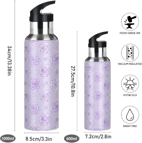 Vista 2 de Soft Pastel Style Roses Stainless Steel Vacuum Insulated Water Bottle 20 Oz, BPA-Free Sports Water Bottle Leakproof Water Bottles