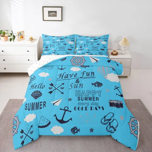 Vista 11 de Juego de edredón de casa del lago, tamaño individual, juego de ropa de cama con ancla náutica para niños, adolescentes y adultos, edredón retro