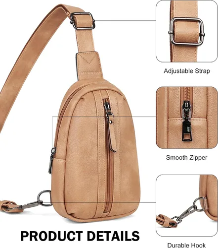 Vista 6 de MASINTOR Bolso bandolera pequeño para mujeres y hombres, cangurera cruzada de cuero vegano con múltiples compartimentos para uso diario, Camel