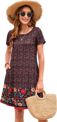 Vista 2 de Sherosa - Vestido de verano sin mangas o con manga corta, estampado floral, con bolsillos, casual, suelto, con vuelo, vestido estilo camiseta