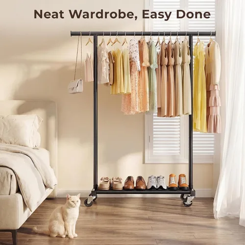 Vista 9 de Perchero para colgar ropa, 45 pulgadas de ancho, perchero de metal con ruedas, perchero portátil para dormitorio, lavandería, color negro