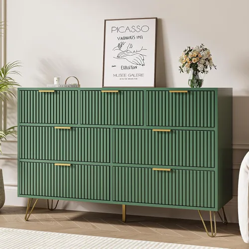 Vista 14 de MAISONARIA Cómoda negra de 3 cajones para dormitorio, cómoda moderna de armario, cómoda acanalada con asas de metal dorado, mesita de noche
