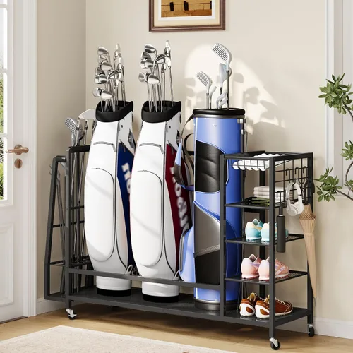 Vista 3 de HOOBRO Golf Bag Storage Garage Organizer, Golf Bag Storage Stand Fits 3 Golf Bags and Golf Equipment Rack with Wheels, Extra Storage Rack for