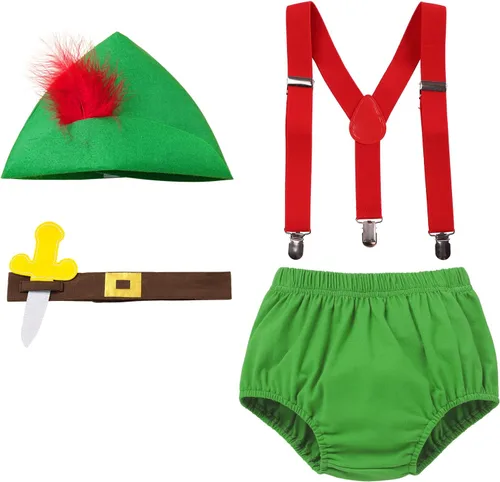 Vista 7 de IMEKIS Disfraz verde de Halloween para bebé, disfraz de Halloween, sombrero con capucha y plumas, cinturón para el primer cumpleaños