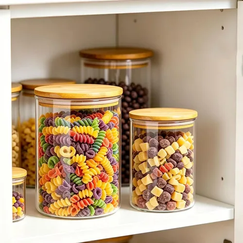 Vista 6 de 2 bolsas de tarros de almacenamiento de vidrio cubiertos de bambú para alimentos secos