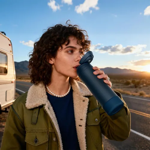 Vista 6 de FJbottle Botella de agua aislada de acero inoxidable, 24 onzas, sin popote, botella de agua deportiva a prueba de fugas con asa ajustable para Azul