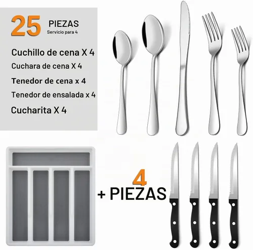 Vista 2 de E-far Juego de cubiertos de 24 piezas con bandeja organizadora y cuchillos