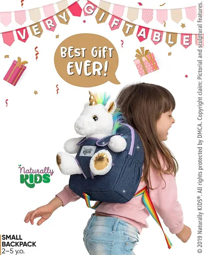 Vista 2 de Naturally KIDS Mochilas - Mochila para niños y niñas con animales de peluche - Regalos para niños y niñas de 3, 4, 5 años, 03 Unicornio Blanco