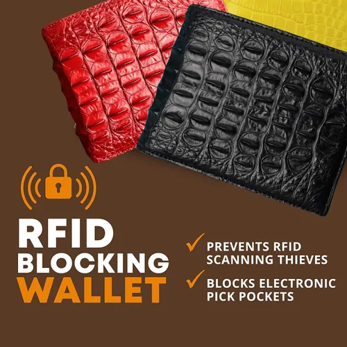 Vista 7 de HATA Billetera de piel plegable de cocodrilo para hombre, con bloqueo RFID, hecha a mano para papá, marido, hijo, profesor