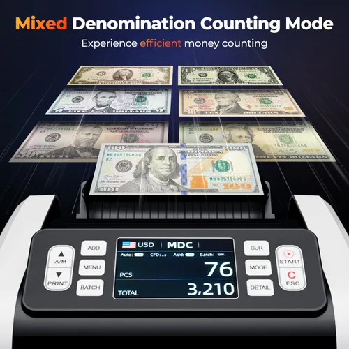 Vista 2 de MUNBYN IMC09 Máquina contadora de dinero de denominación mixta, contador de valores, contador de billetes UV/MG/IR/MT, máquina de conteo de dinero