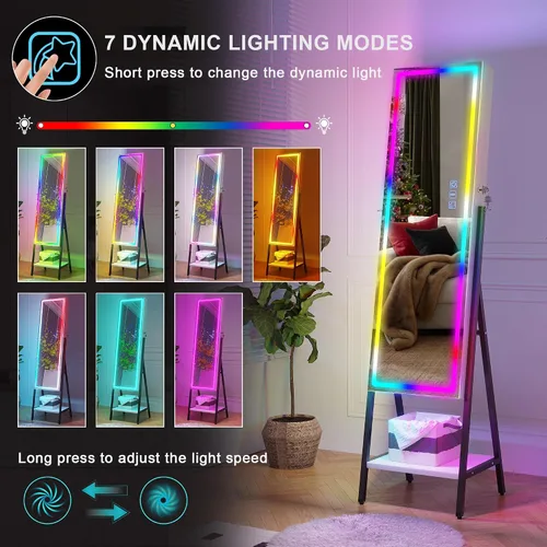 Vista 2 de HNEBC Armario de joyería con espejo LED RGB, organizador de joyas de pie de longitud completa con almacenamiento, espejo de joyería con cerradura