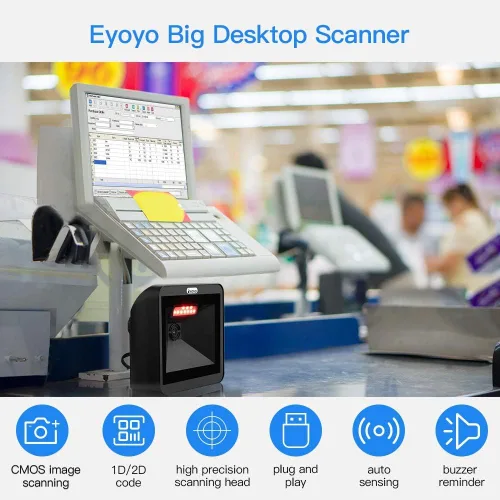 Vista 3 de Eyoyo Escáner de código de barras QR 2D manos libres, lector de código de barras automático 1D de escritorio omnidireccional Ventana de escaneo