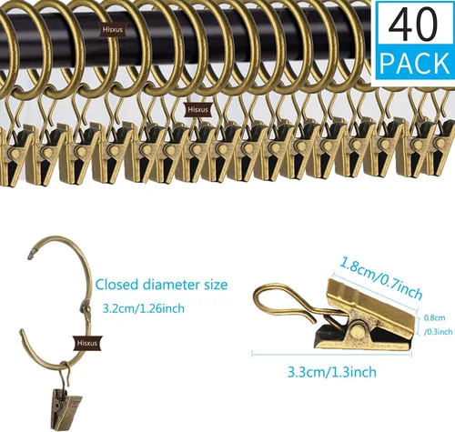 Vista 6 de Yrhrol 40 clips de cortina que se abren con anillos, latón antiguo de 1.26 pulgadas, clip decorativo de metal fuerte para cortina, anillos de clip
