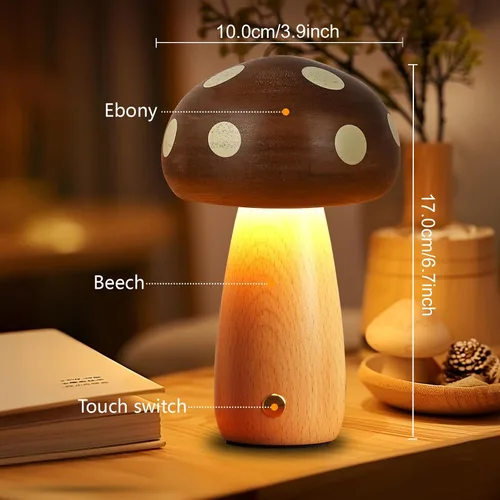 Vista 7 de LONRISWAY Paquete de 2 lámparas de mesa LED de madera con forma de hongo, lámparas pequeñas recargables inalámbricas táctiles, luz nocturna