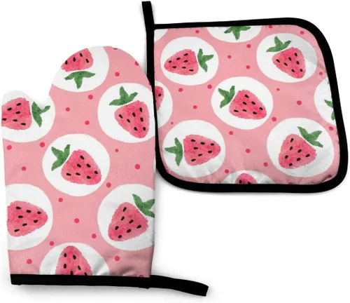 Vista 7 de Juego de 2 guantes de horno y soportes para ollas de cereza roja, resistentes al calor, con superficie antideslizante para una barbacoa segura
