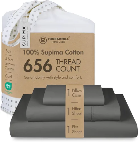 Vista 15 de Threadmill - Juego de sábanas tamaño individual 656 hilos 100% algodón Supima para colchón individual Juego de sábanas de satén sólido para cama