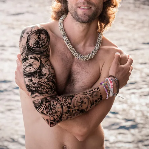 Vista 6 de Adhesivos de manga de tatuajes falsos de lobo león, brazo completo, dragón animal, tribal, mangas temporales de tatuaje para hombres, mujeres