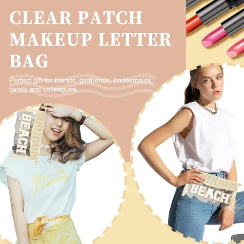 Vista 4 de Iqimott 2 bolsas de maquillaje con parches transparentes, bolsa de letras boho para nadar en la playa, bolsas de maquillaje impermeables