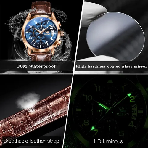 Vista 4 de OLEVS Reloj cronógrafo de cuarzo para hombre correa de cuero dorada con fecha de día reloj de pulsera de acero inoxidable impermeable relojes