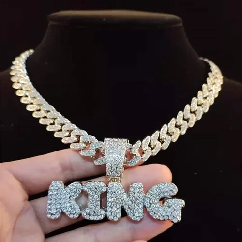 Vista 4 de HUYHOAT - Collar con colgante de letras de Hip Hop King con cadena cubana de 0.51 pulgadas (0.512 in), collar de hiphop brillante para hombre