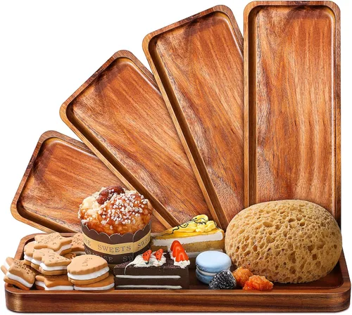 Vista 7 de Roowest Paquete de 5 bandejas de madera de acacia maciza para grabado láser, tablero rectangular de madera para aperitivos de alimentos, platos