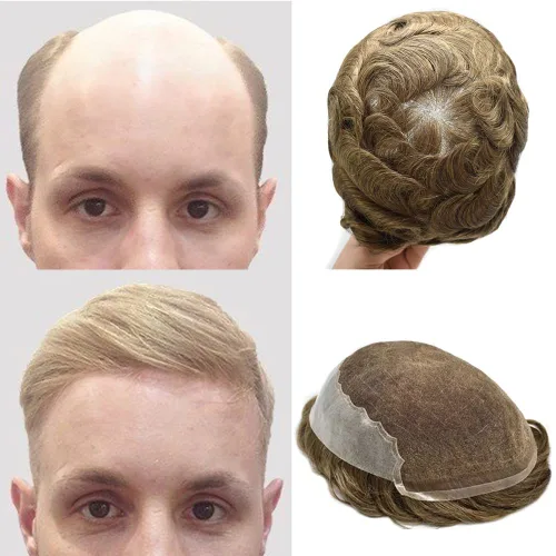 Vista 65 de Mens Toupee Swiss Lace Mens Hair Piece Sistema de reemplazo de cabello para hombres Toupee para hombres Cabello humano nudo blanqueado protesis