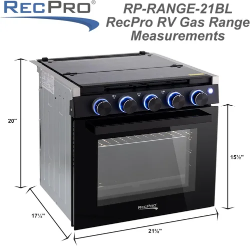 Vista 6 de Estufa RecPro RV de acabado negro Estufa de gas de 21" de altura Tres quemadores de 6500 y 8000 BTU Horno de 7100 BTU con capacidad de 1.8