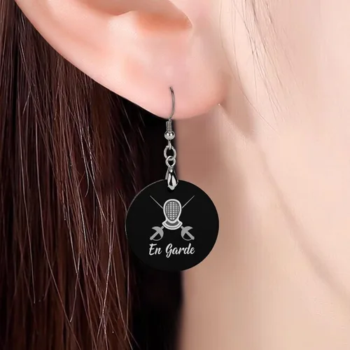 Vista 5 de Máscara de esgrima Aretes de madera redondos colgantes de madera para mujer