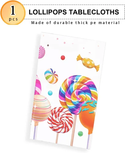 Vista 6 de PHOGARY Sweet Candyland - Mantel de plástico con temática de caramelos, dos manteles de cumpleaños de dulces manteles coloridos de piruletas