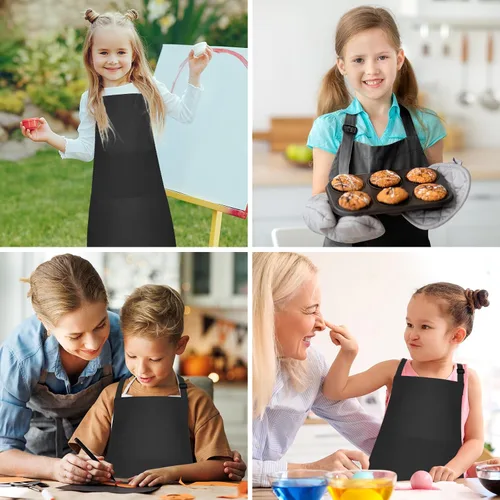 Vista 5 de Juego de 5 delantales para niños, delantal ajustable para niños con 2 bolsillos, delantal de chef para niños para pintar, cocinar, hornear, Negro