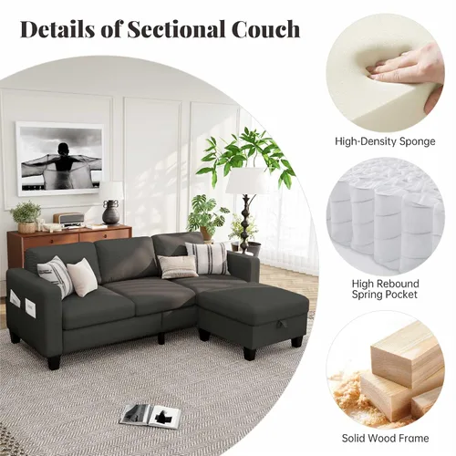 Vista 2 de Sofás Seccionales para Sala de Estar - Sofá Moderno en Forma de L de Lino Gris Oscuro de 3 Plazas con Otomana de Almacenamiento Reversible