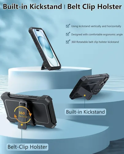 Vista 3 de FNTCASE Funda para iPhone 15 Plus: protección contra caídas Funda resistente con clip para cinturón y soporte de grado militar con textura mate TPU