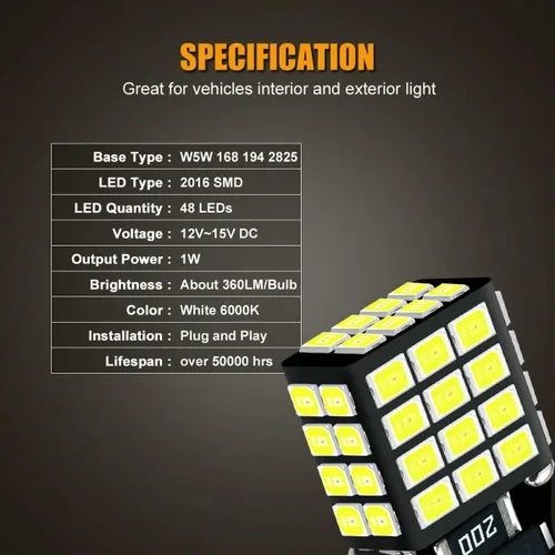 Vista 3 de 48-LEDs Launch T10 194 2825 Bombilla LED Blanca 6000K 12V Super Brillante 158 160 168 175 W5W 168NA 194NA Reemplazo para Luz Interior de Coche