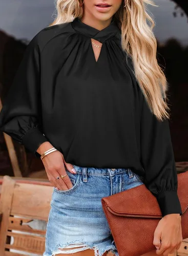 Vista 2 de Astylish Blusas elegantes de satén con cuello en V para mujer, túnica de manga larga