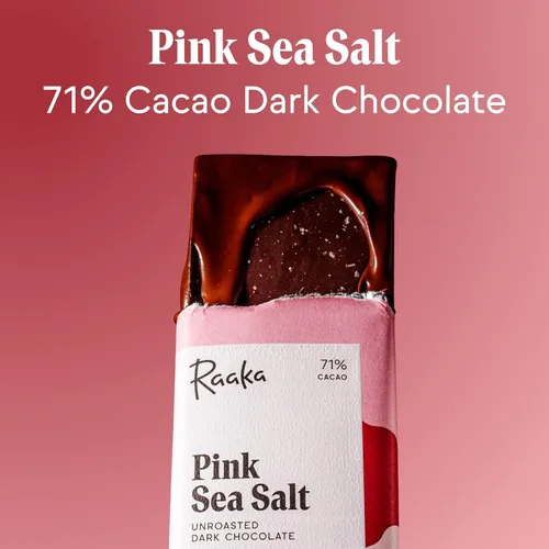 Vista 3 de Raaka Chocolate negro orgánico con sal marina rosa, 71% de cacao, chocolate negro gourmet, orgánico, vegano, sin gluten, kosher, barras de 1.8