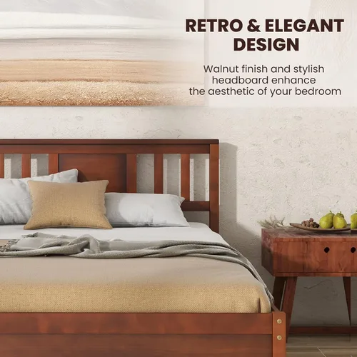 Vista 4 de Giantex Marco de cama individual con cabecero, cama de plataforma de madera maciza de mediados de siglo, cama de panel individual con soporte