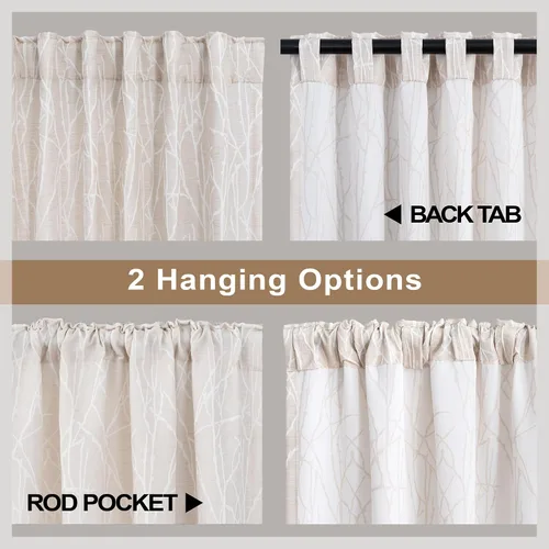 Vista 4 de Pitalk - Cortinas con patrón beige de 63 pulgadas de largo para dormitorio, 2 paneles con pestaña trasera y bolsillo, diseño de ramas de árbol