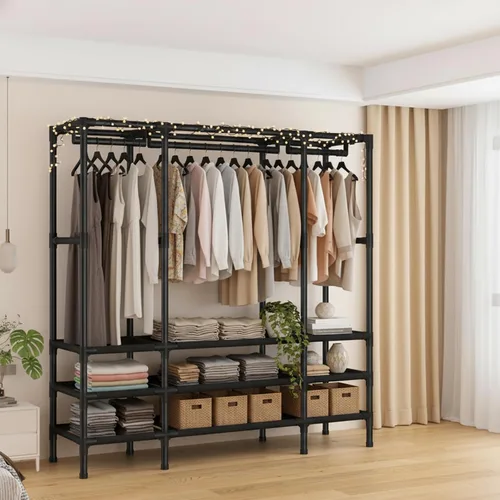 Vista 4 de Armario portátil para colgar ropa, perchero con funda, armario portátil con 1 varillas para colgar, 2 estantes de almacenamiento y 2 cajones, 27.5