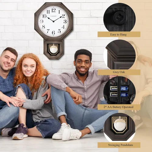Vista 4 de Reloj de Pared de Péndulo, Relojes de Pared de Péndulo Regulador de Escuela Grandes para Decoración de Sala de Estar, Plástico con Acabado de Roble