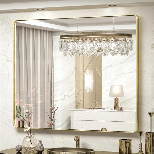 Vista 89 de TokeShimi Espejo de pared de baño de níquel cepillado de 20 x 30 pulgadas, marco de metal, esquina redonda, rectangular, para decoración del hogar