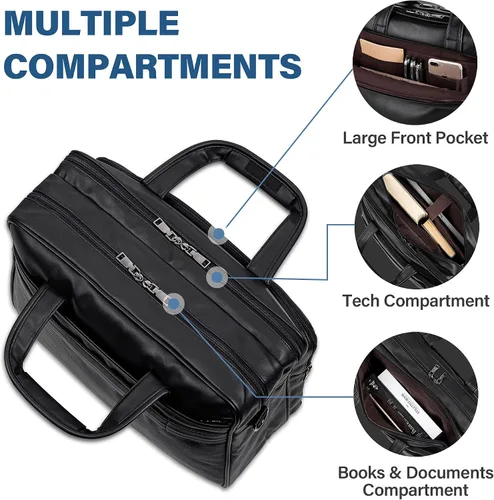 Vista 6 de seyfocnia Bolsa de cuero para laptop, para hombre, 15.6 pulgadas, 17.3 pulgadas, maletín de mensajero, bolsa de negocios, bolso de computadora