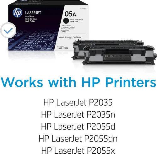 Vista 2 de HP, cartucho de tóner negro HP 05A (CE505A), 2 cartuchos de tóner (CE505D)
