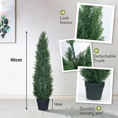 Vista 3 de HAIHONG 2 paquetes de árboles topiarios artificiales de cedro de 3 pies – árboles de ciprés topiario de boj falso, plantas en maceta, plantas