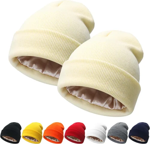Vista 20 de NPQQUAN 2 PCS Satin Lined Beanie for Women Silk Lined Beanies Winter Warm Soft Lining Cuffed Knit Beanie Hats for Women