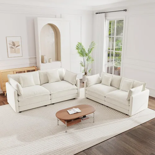 Vista 19 de mikibama Juego de sofá biplaza y sillón de lujo de 2 piezas, moderno juego de sofás nube tapizados de chenilla con 5 almohadas para sala de estar