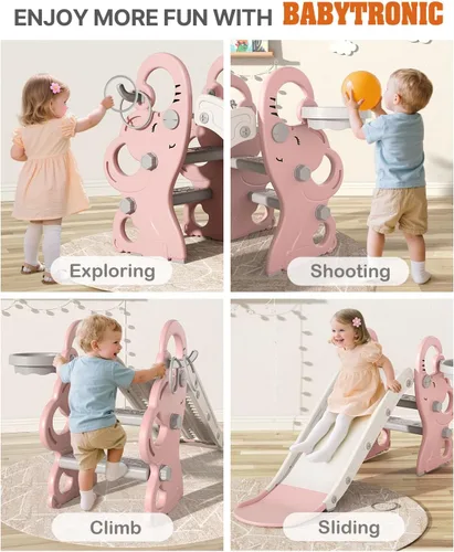 Vista 4 de Babytronic Tobogán para niños pequeños, juego de interiores y exteriores con aro de baloncesto y juego de anillos, tobogán plegable de plástico