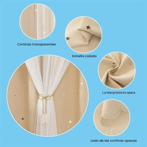 Vista 3 de FANLI 2 paneles de cortinas opacas de estrellas para dormitorio de niñas, sala de estar, rayas oscurecedoras, doble capa, estrellas caladas Beige